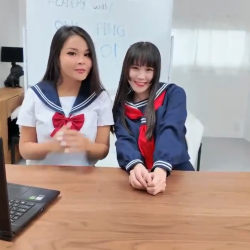 Cute Thai school teen ft cute chinese school teen suck and fuck BWC foreigner in FFM