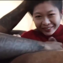 Asian trying her hardest to Deepthroat Monster Black Cock